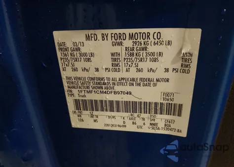 2013 Ford F-150 Xlt из США, поврежденный, VIN 1FTMF1CM4DFB97049